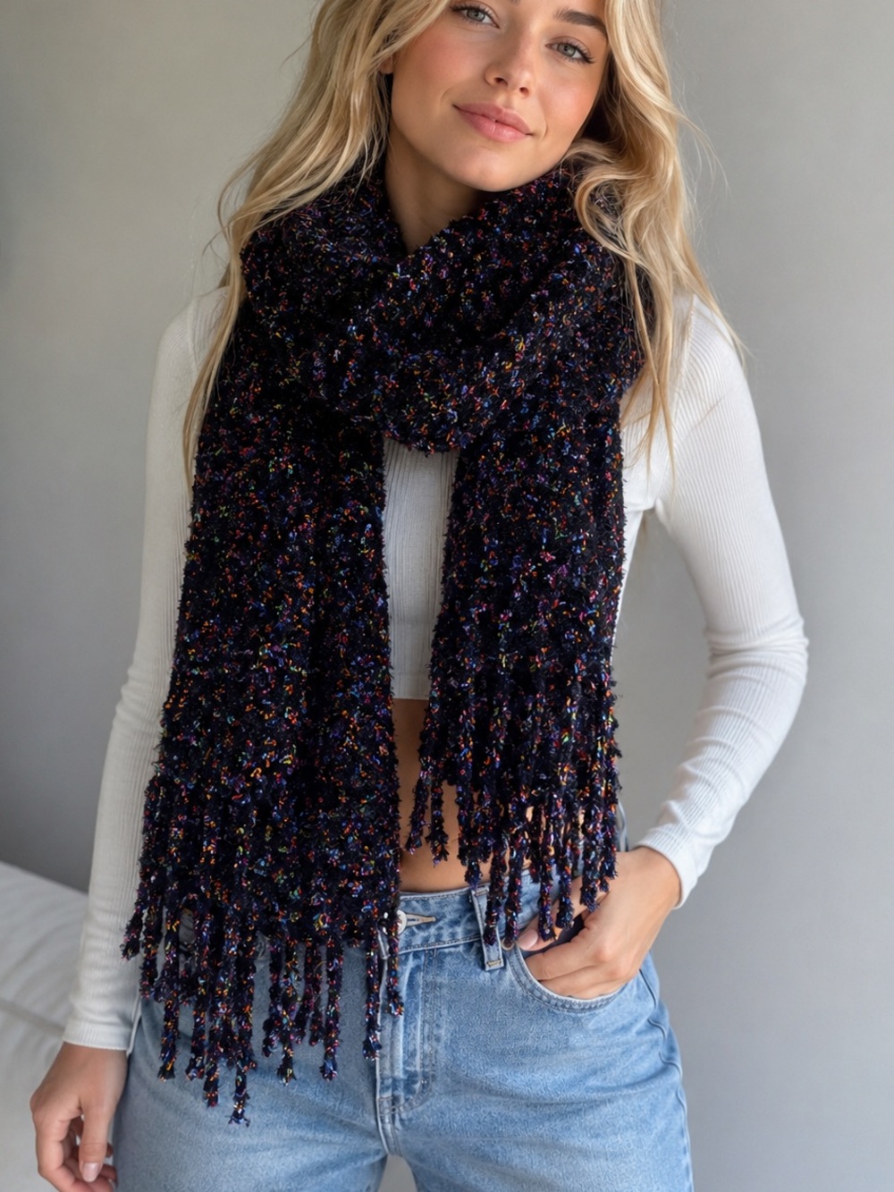 Cozy Black Multi-Color Fringe Knit Scarf - Women Accessories